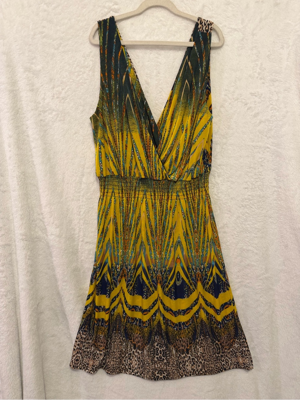 Silk Blend Dress Size XL Yellow Bohemian Sleeveless Resort Tropical Soft Stretch